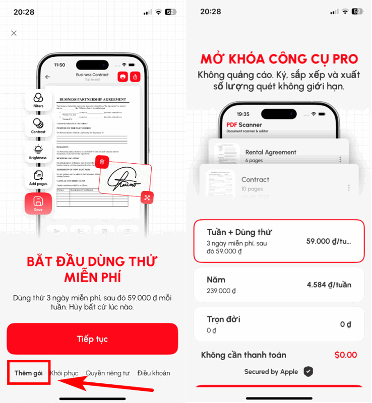 Màn hình chọn gói Lifetime miễn phí của PDF Scanner Document Convert+
