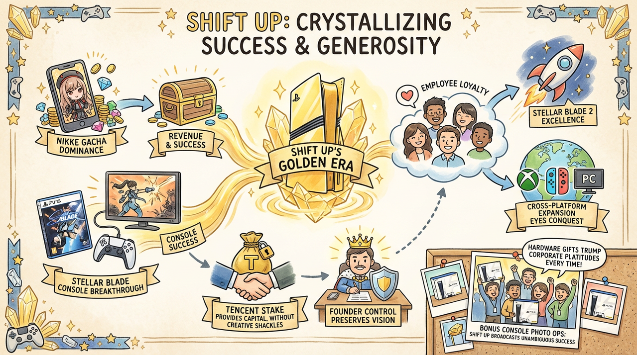 Shift Up Gifts PS5 Pro Consoles to Stellar Blade Team - Studio Independence Thrives 1 Gamers celebrating with gaming consoles representing studio employee bonuses