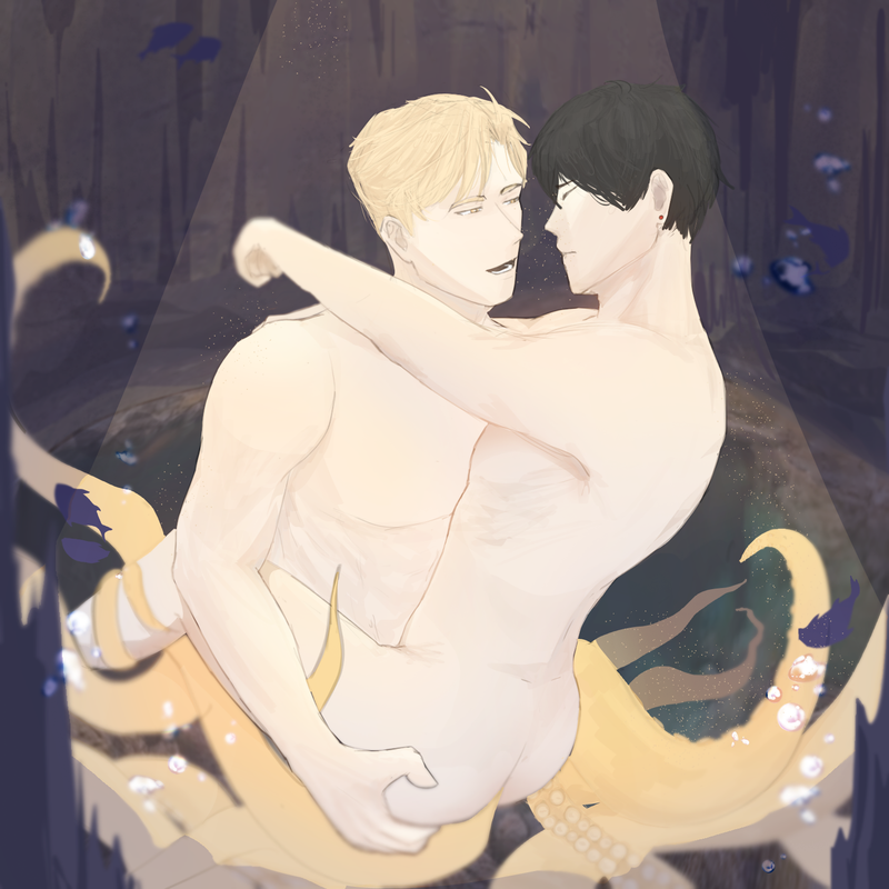 Art of Han Yoojin in Sung Hyunjae's tentacled lap with a tentacle dick in his ass and looking sensitive while Sung Hyunjae leans in clearly enjoying it.
