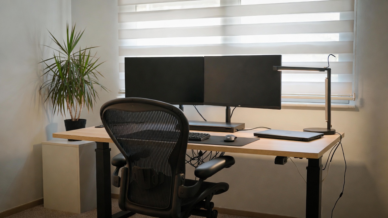 Modern home office desk with dual monitor setup, ergonomic chair, and natural light