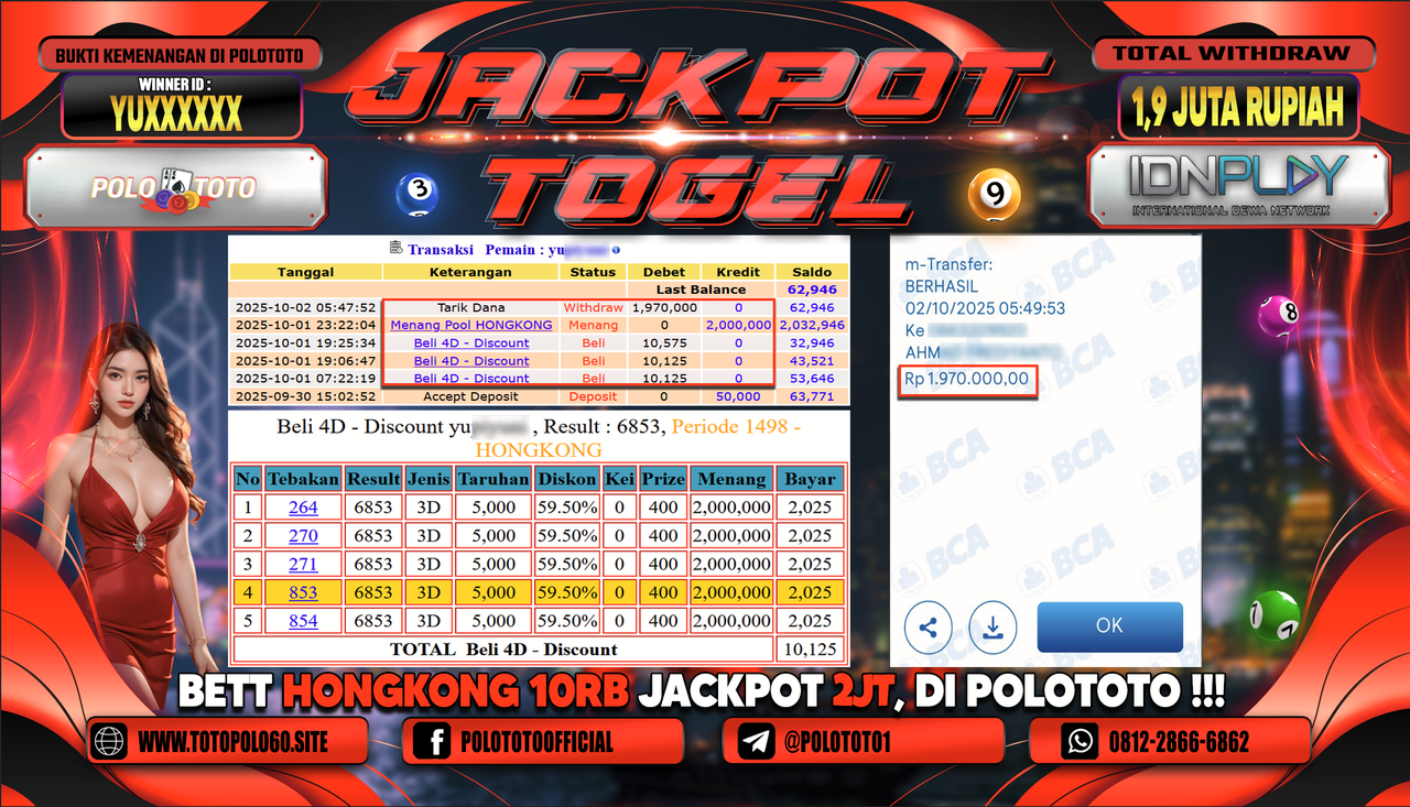 POLOTOTO JACKPOT TOGEL HONGKONG LOTTO Rp.1.900.000,- LUNAS