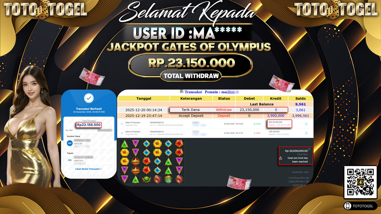Bukti Pembayaran Jackpot Permainan Slot Gates Of Olympus ID:MA**** LUNAS
