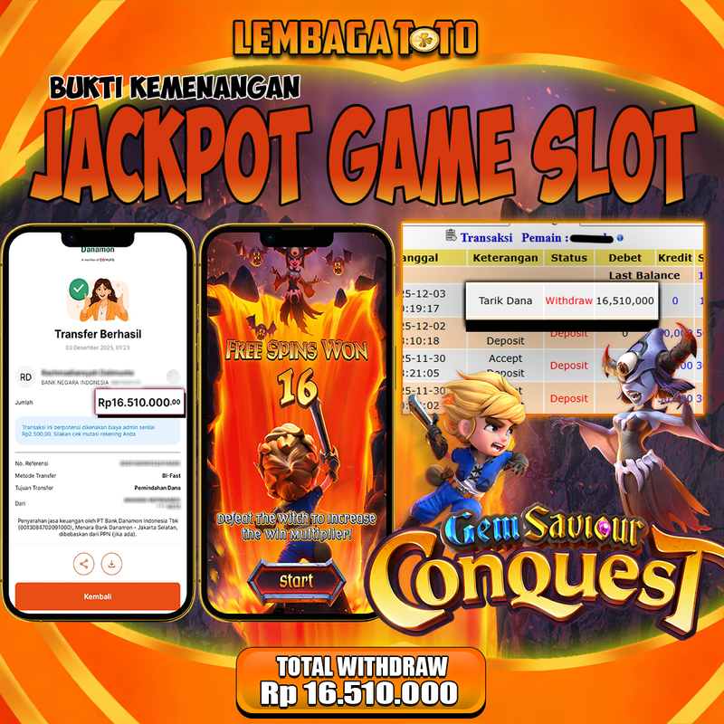 BUKTI JACKPOT 03 DECEMBER LEMBAGATOTO GEMSAVIOUR CONQUEST Rp.16,510,000,- LUNAS