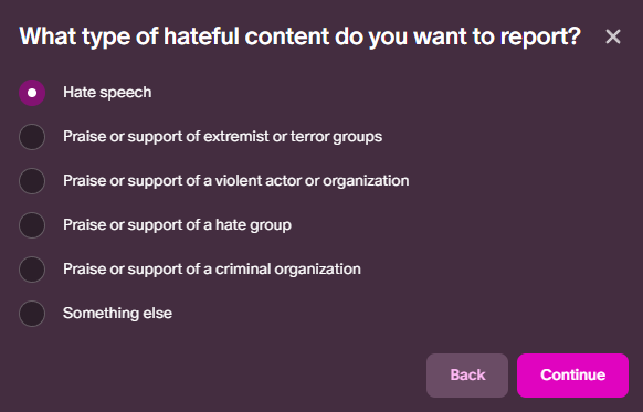 What type of hateful content do you want to report? Hate speech is the first option and what is selected.