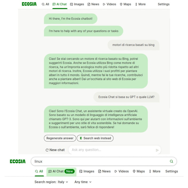 Ecosia AI Chat - esempi di utilizzo
