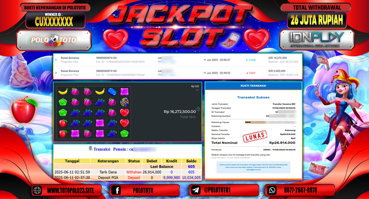 POLOTOTO JACKPOT SLOT SWEET BONANZA Rp.26.914.000,-