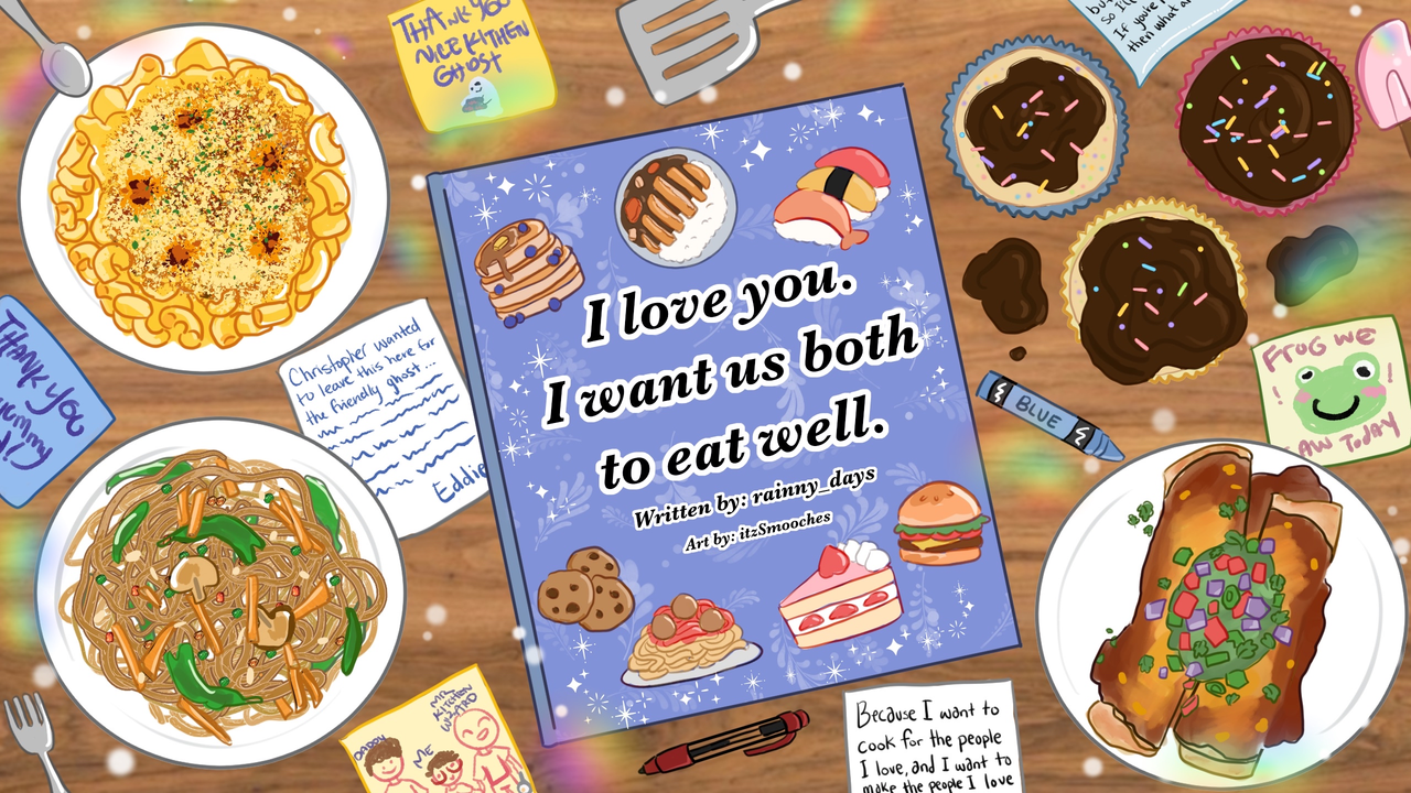 Cover for fic, including a recipe book with the fic title on it surrounded by dishes