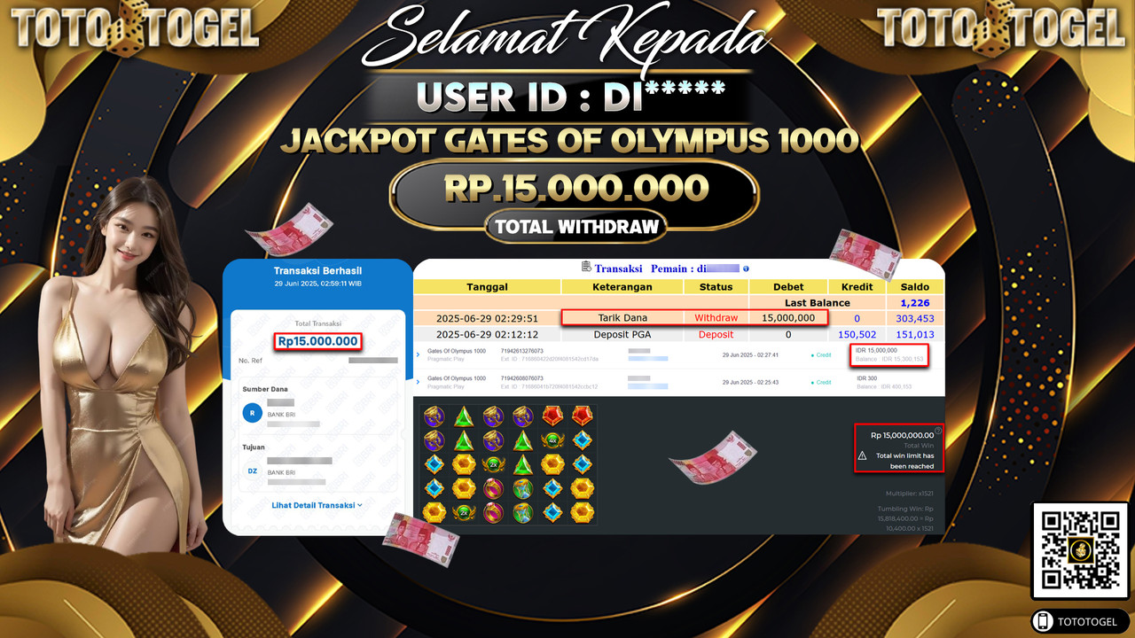 Bukti Pembayaran Jackpot Permainan Slot Gates Of Olympus ID:DI***** LUNAS