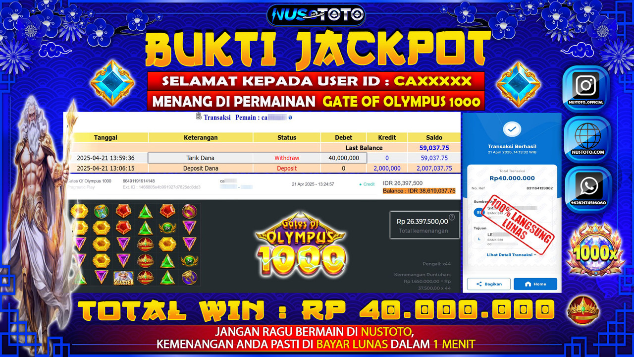 JACKPOT !! MENANG BESAR DI SLOT GATES OF OLYMPUS 1000 Rp. 40.000.000 LANGSUNG DI BAYAR LUNAS NUSTOTO !!