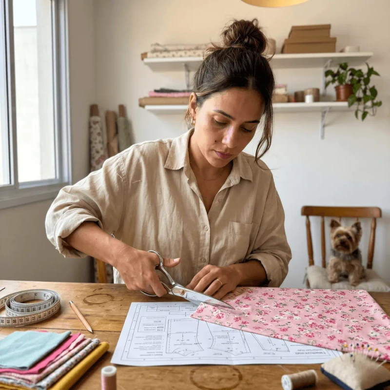 Mulher cortando tecido com molde pet
