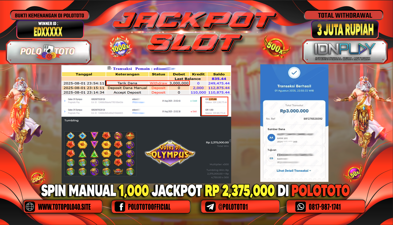 POLOTOTO JACKPOT SLOT GATES OF OLYMPUS Rp.3.000.000,-LUNAS