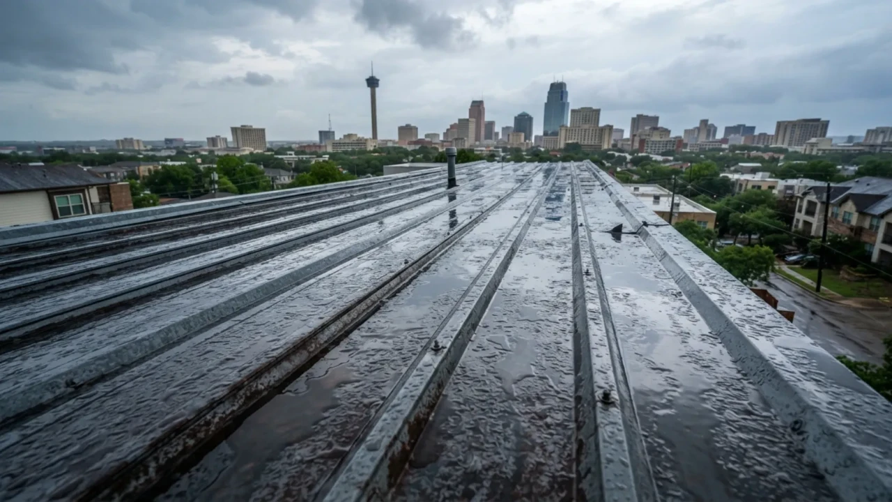 Wet metal roof surface after rain San Antonio Texas