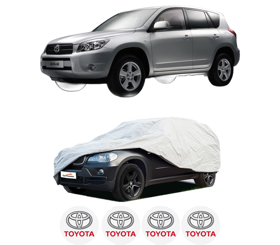 Husa tip prelata auto pentru TOYOTA RAV 4 III (_A3_) din 2005-2013, Culoare Gri, material textil impermeabil, rezistanta la intemperii praf UV, CARPASSION Husa Protectie, 4 Stickere auto cu TOYOTA