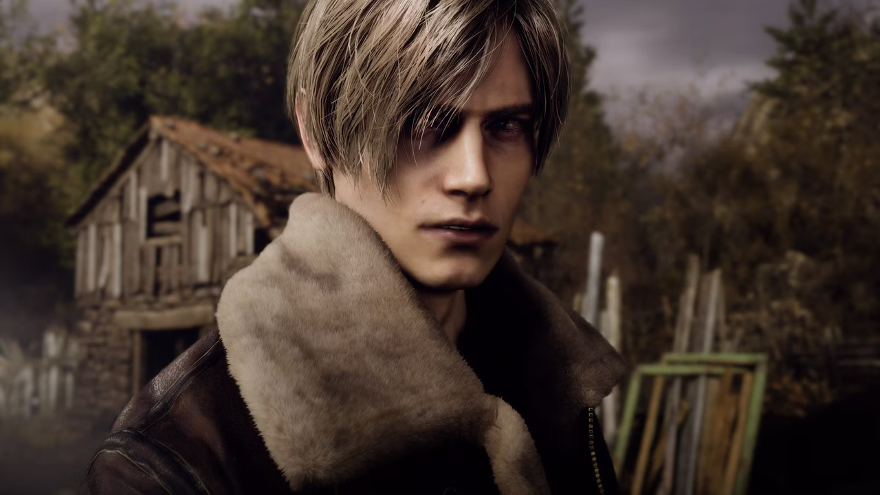 Leon from Resident Evil 4 Remake staring at the camera in the middle of an abandoned village.