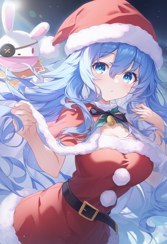 1girl, yoshino (date a live), blue eyes, blue hair, large breasts, santa costume s-3586294760