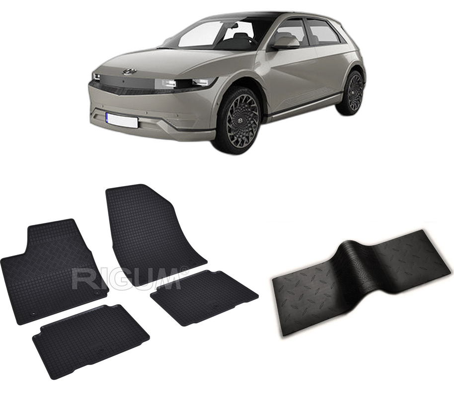 Set covorase auto HYUNDAI IONIQ 5 din 2021-PREZENT, cu covoras tunel median, CAROSERIE HATCHBACK, Presuri cauciuc 100%, compatibil cu autoturismul HYUNDAI IONIQ 5, Rigum