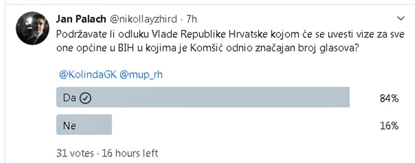 Rezultati ANKETE Vlade HR: Jeste li ZA uvođenja viza općinama koje su izabrale Komšića?  1-1