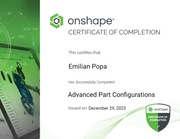 Advanced Part Configurations OnShape Certificate