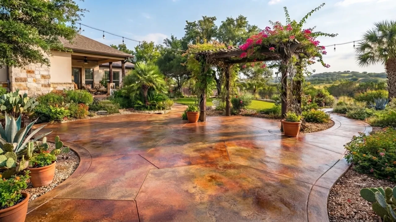 Acid stained concrete patio earth tones San Antonio backyard