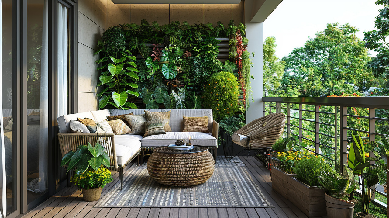 Tropical Balcony Design with Wooden Slats, L-Shaped Bench, and Greenery