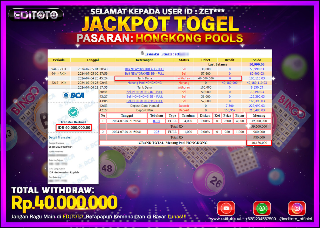 JACKPOT  TOGEL HONGKONG Rp.40.000.000.,- LUNAS