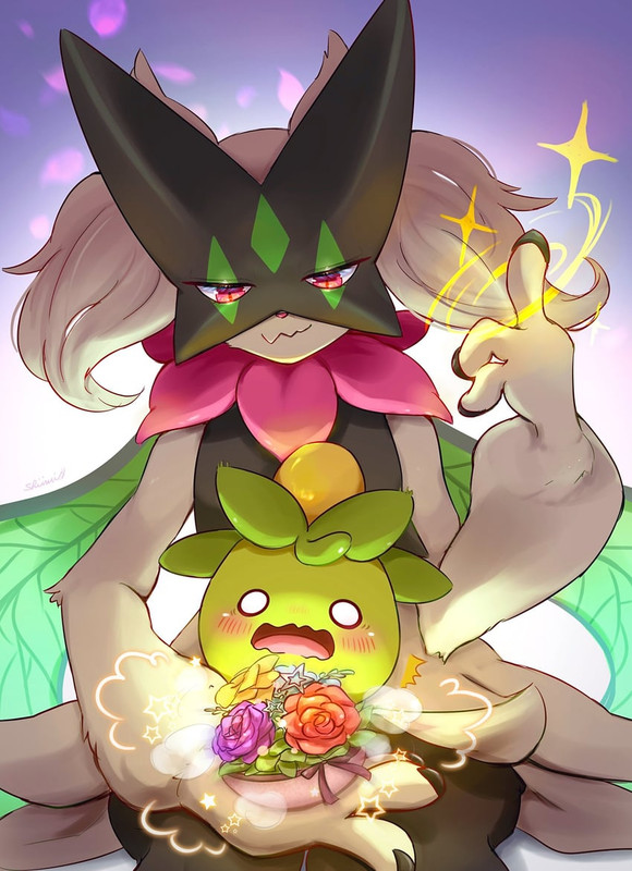 meowscarada-and-smoliv-pokemon-drawn-by-