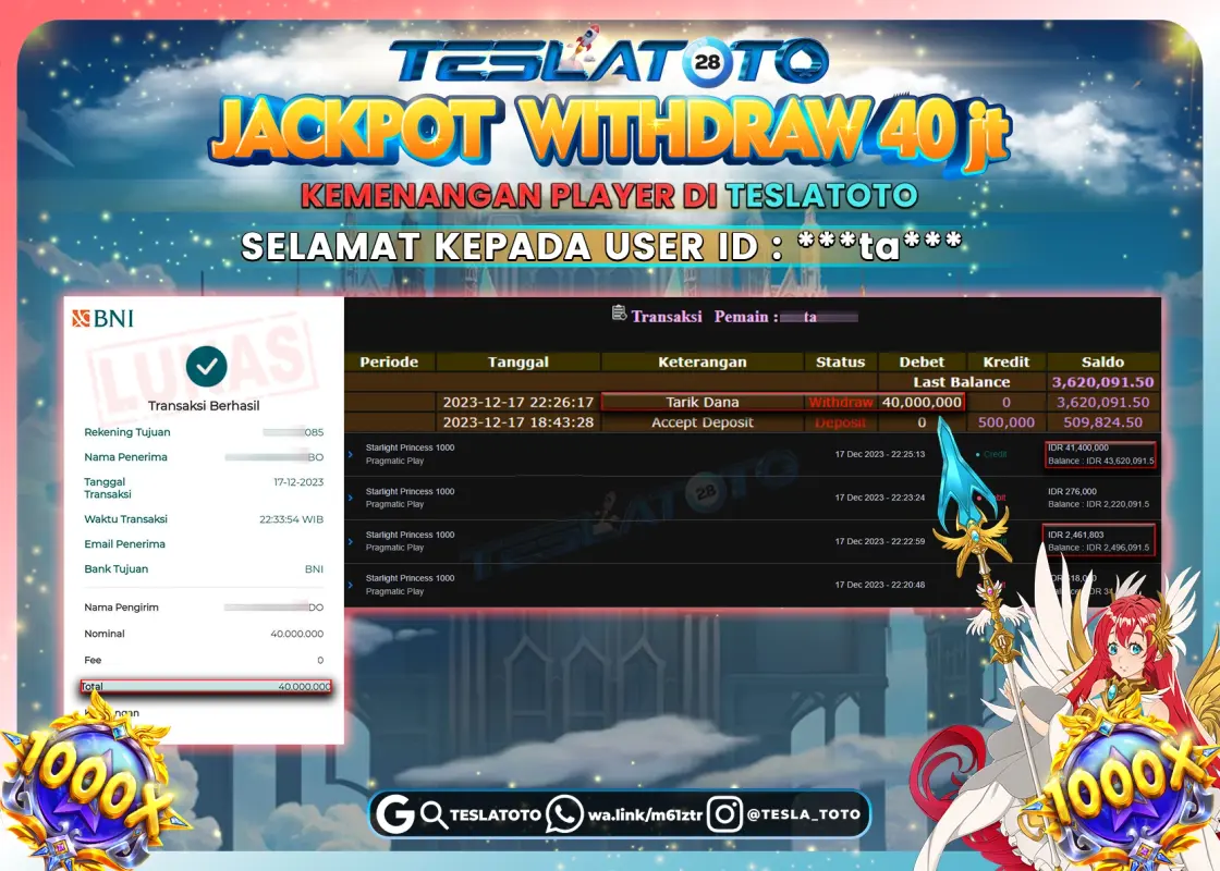 TESLATOTO JACKPOT SLOT STARLIGHT PRINCESS 1000  Rp. 40.000.000 LUNAS