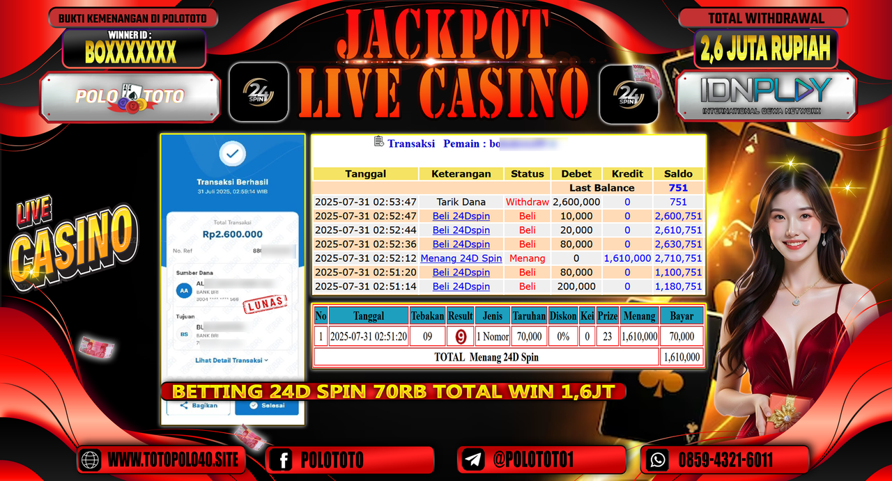 POLOTOTO JACKPOT LIVE CASINO MENANG 24D SPIN Rp.2.600.000,-LUNAS