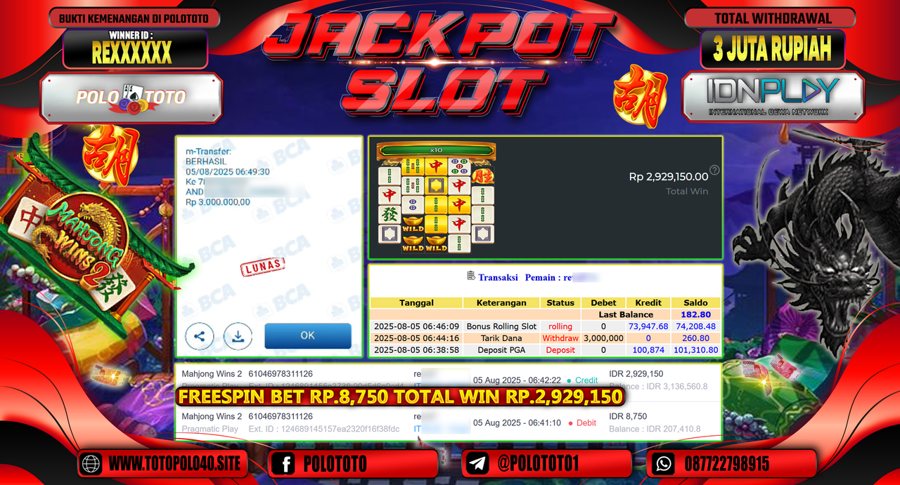 POLOTOTO JACKPOT SLOT MAHJONG WINS 2 Rp.3.000.000,-LUNAS