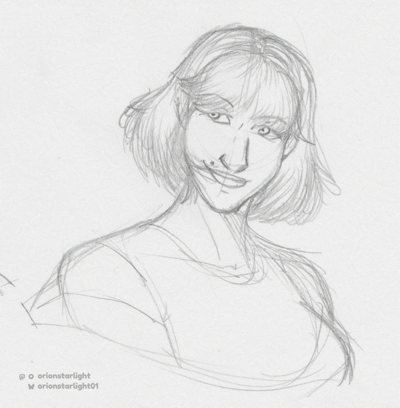 My drawing of Debbie. She’s smirking with her face and body facing towards us but her eyes are looking to the side.