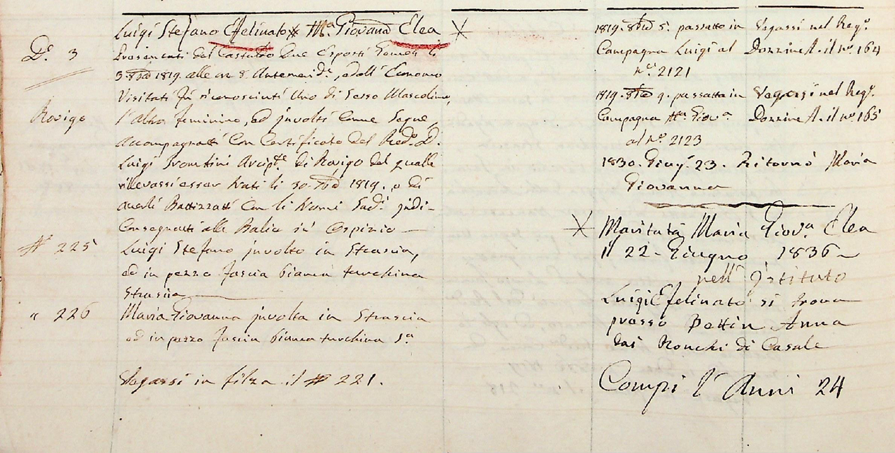 Istituto degli Esposti di Padova III Registro Ruota dal 1819 al 1824  b_ 995 n_ 225 e 226(1)