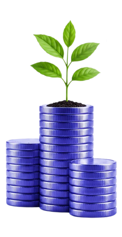 Green plant growing from stacked coins