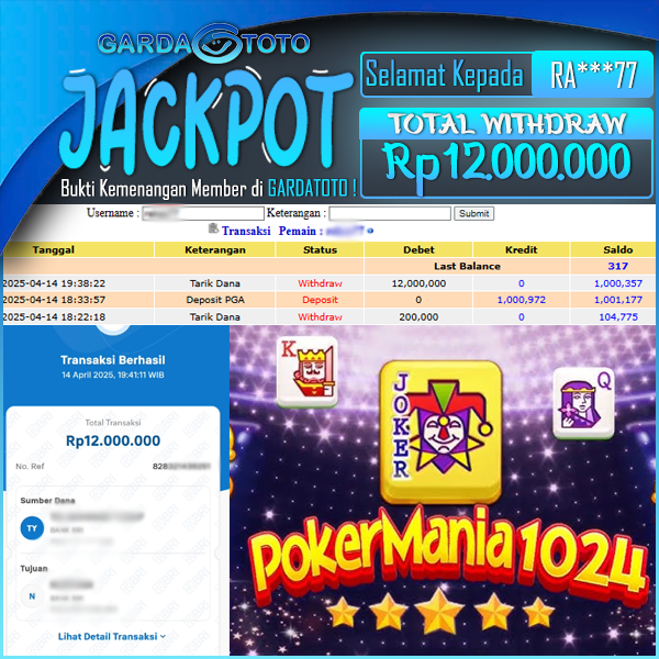 JACKPOT SLOT MAIN DI SLOT POKER MANIA 1024 WD Rp 12.000.000,- DIBAYAR LUNAS GARDATOTO MANTAP !