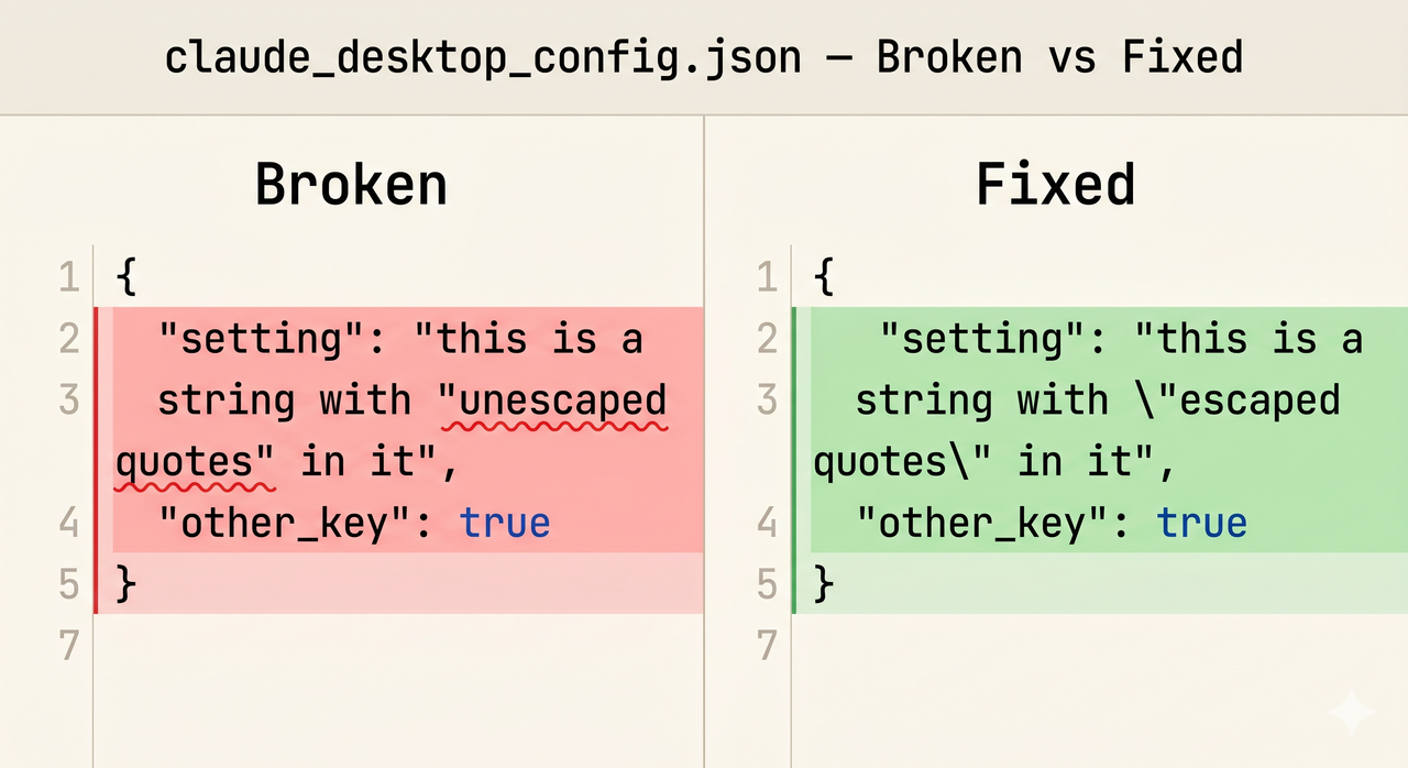 Claude connect Gmail Notion integration MCP broken vs fixed JSON config comparison showing correct escaped quotes