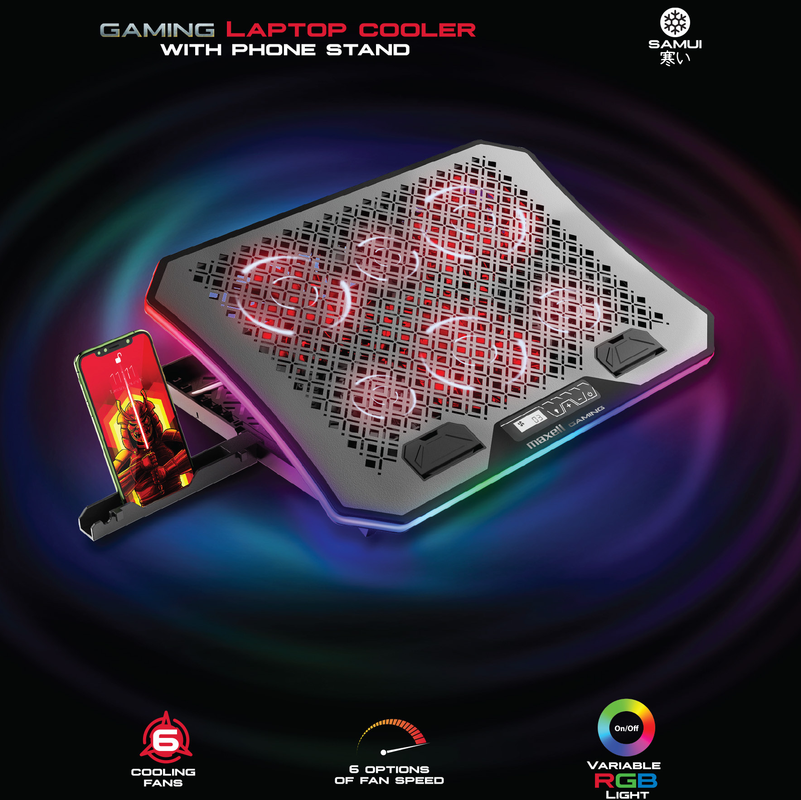 Una laptop gamer sobre la base de enfriamiento Maxell, mostrando su iluminación.