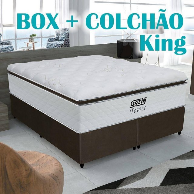 Cama Box King Colchão Molas Pocket Ensacadas Tower 193x203x76cm Branco / Marrom BRANCO