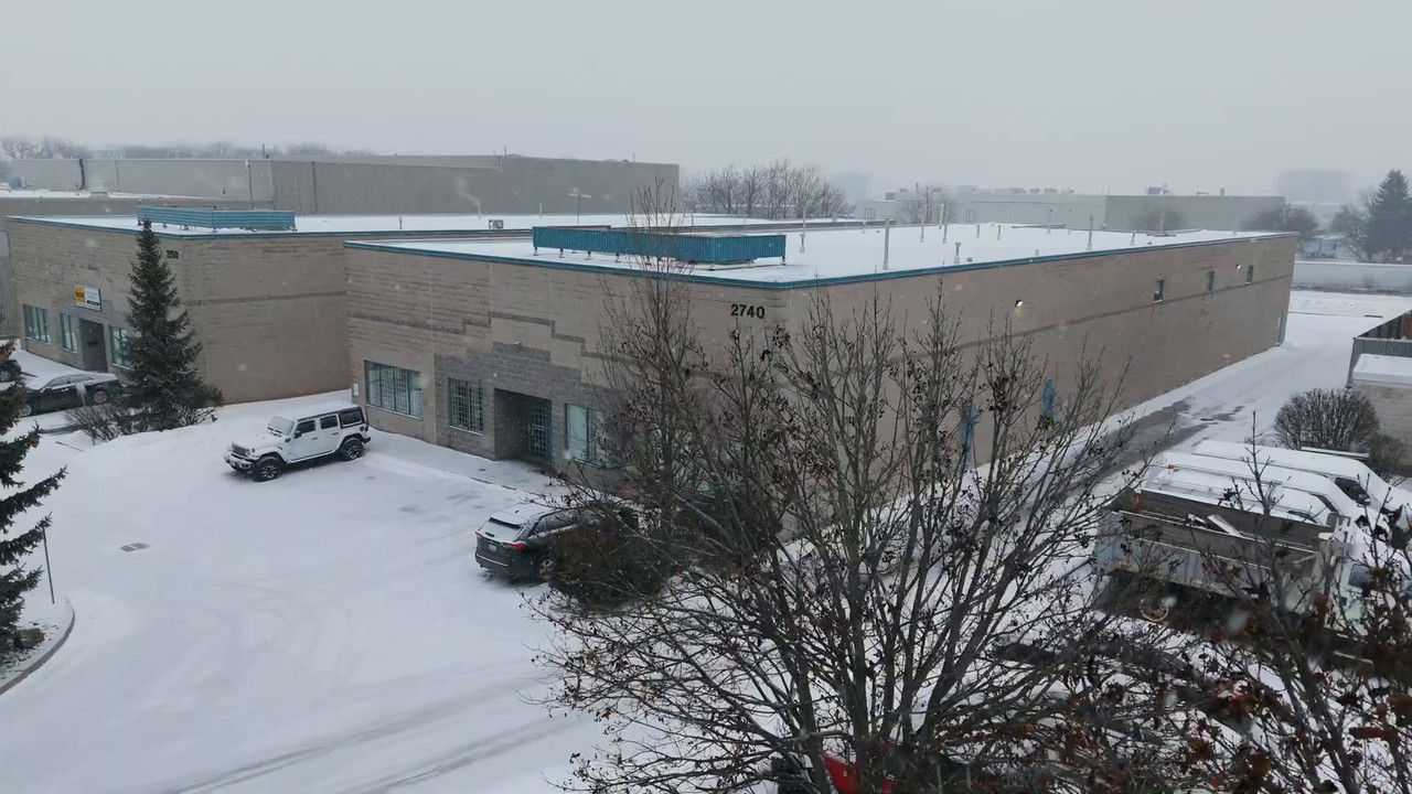 Aerial view in winter of the industrial building where HKC renovated the warehouse office