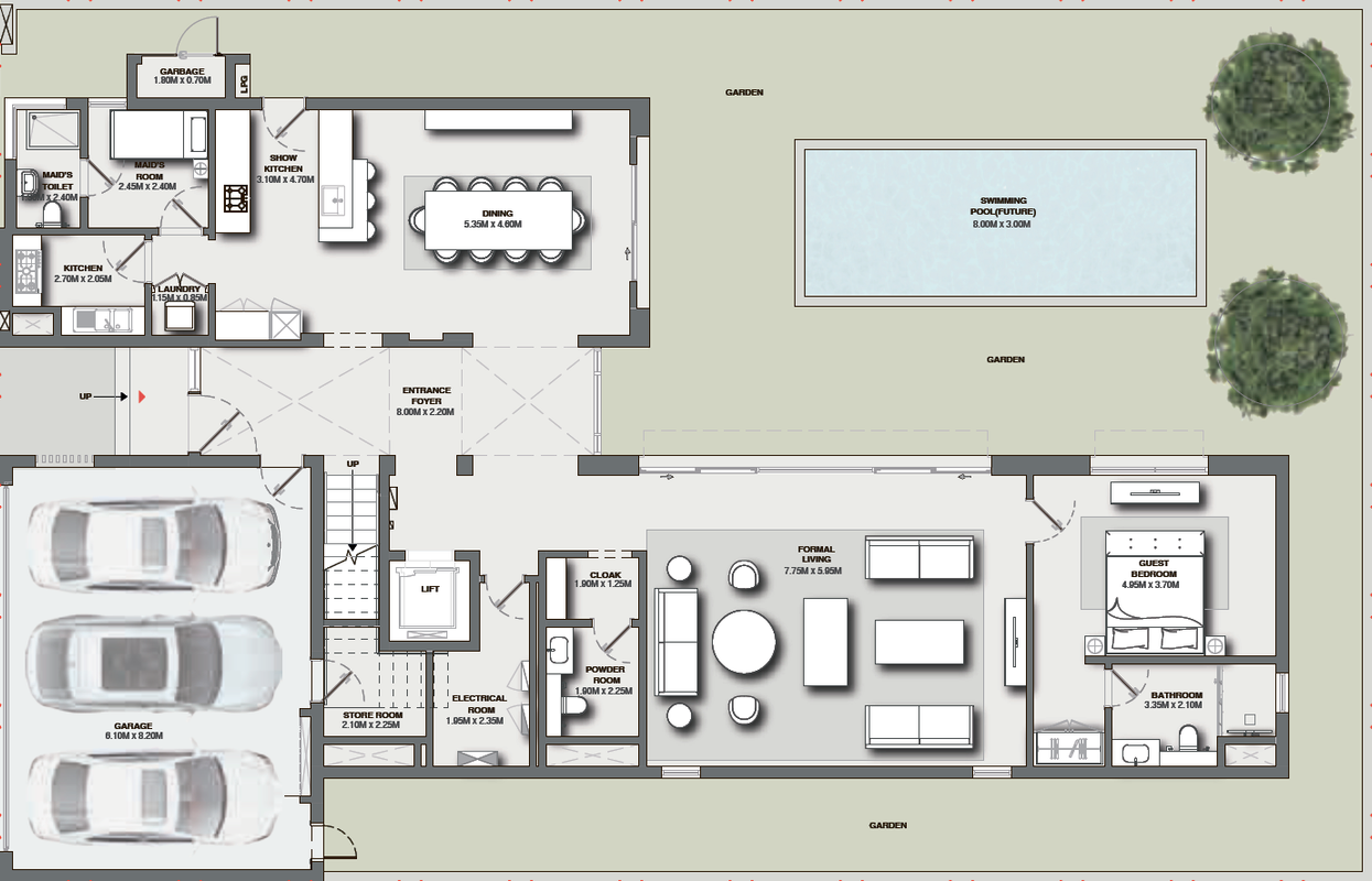 Ground floor layout keyplan for the Sobha Reserve 6-bedroom villa Type C corner unit showing spacious living areas, service zones and circulation plan — Sobha Reserve Distress Deal villa floor plan