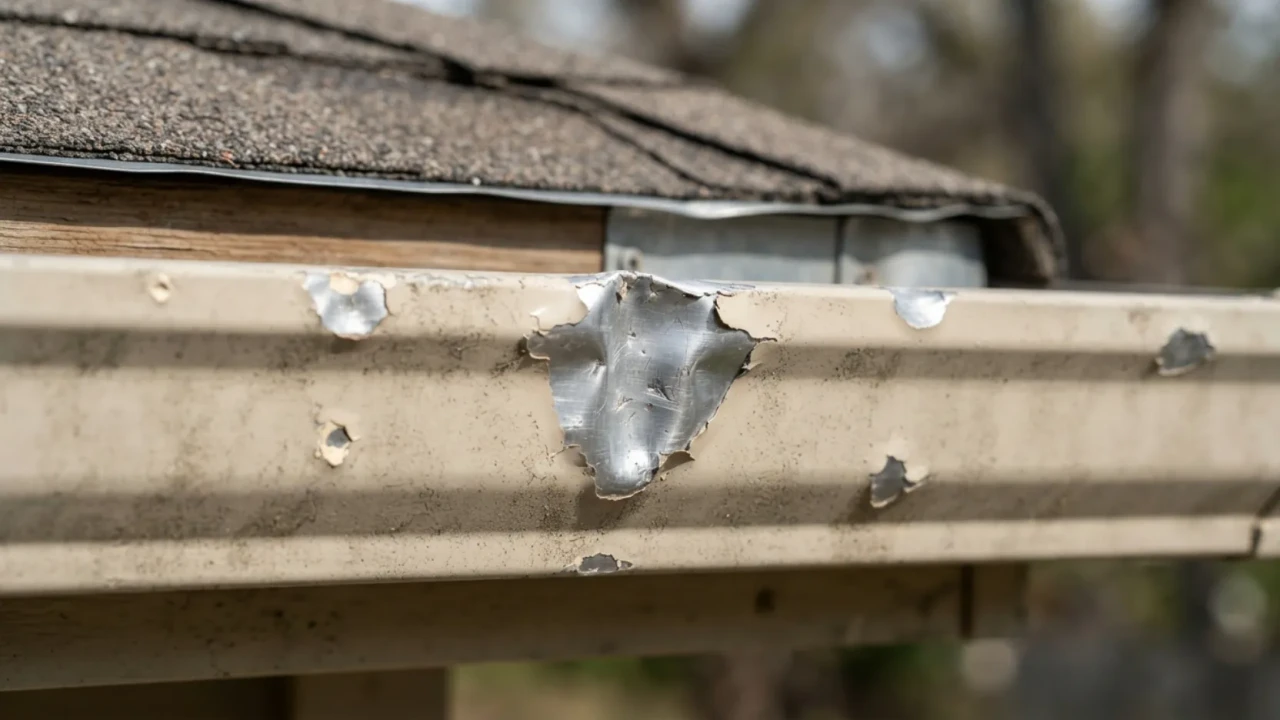 Hail dents on aluminum gutters and AC condenser fins San Antonio storm damage evidence