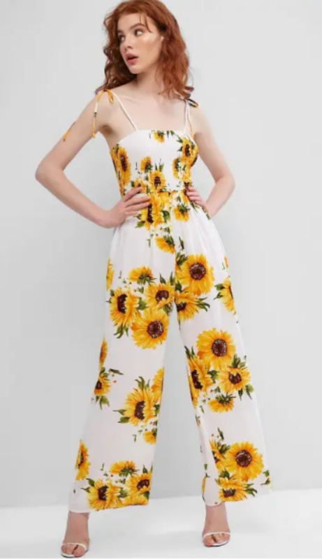 Sunflower Smocked Tie Shoulder Wide Leg Jumpsuit - White