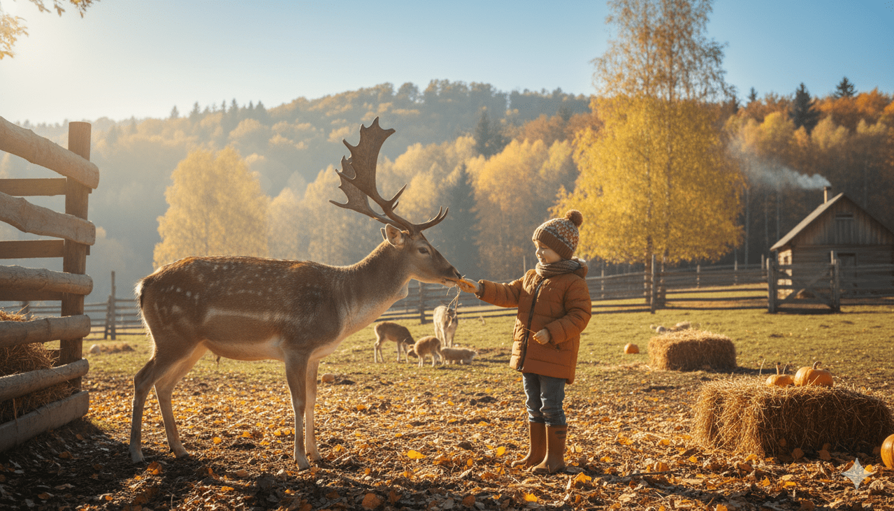 Ребенок кормит оленя на ферме