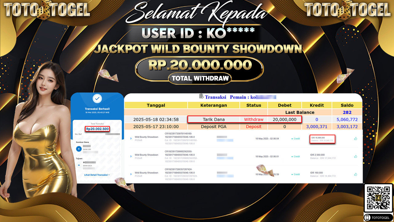 Bukti Pembayaran Jackpot Permainan Slot Wild Bounty Showdown ID:KO***** LUNAS