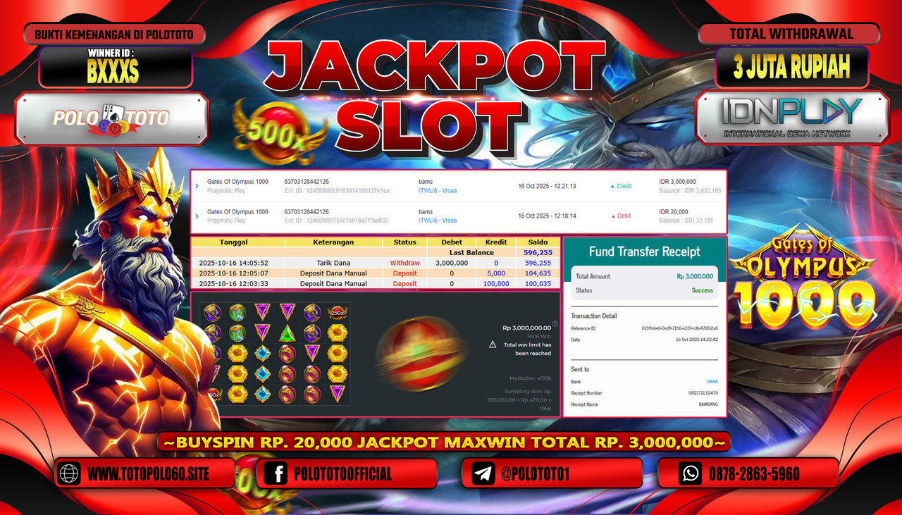 POLOTOTO JACKPOT SLOT GATES OF OLYMPUS 1000 Rp.3.000.000,- LUNAS