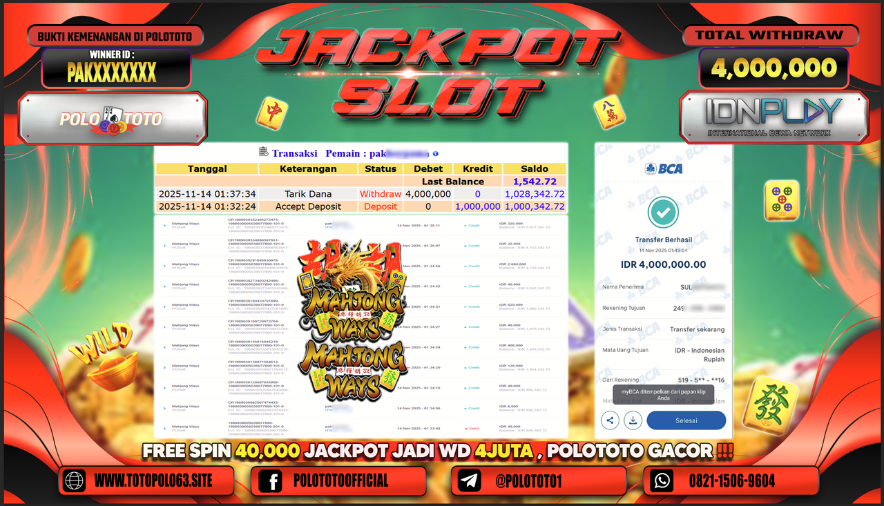 POLOTOTO JACKPOT SLOT MAHJONG WAYS Rp.4.000.000,- LUNAS