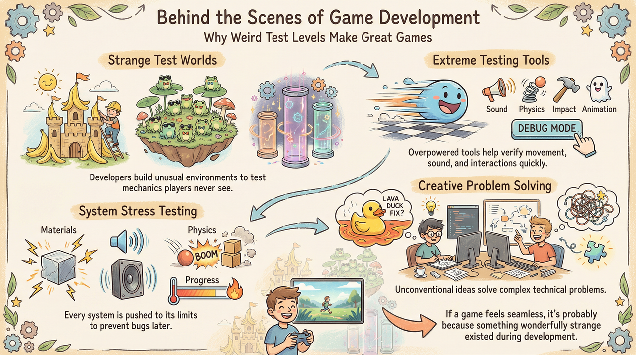 Video game development workspace with testing equipment and monitors