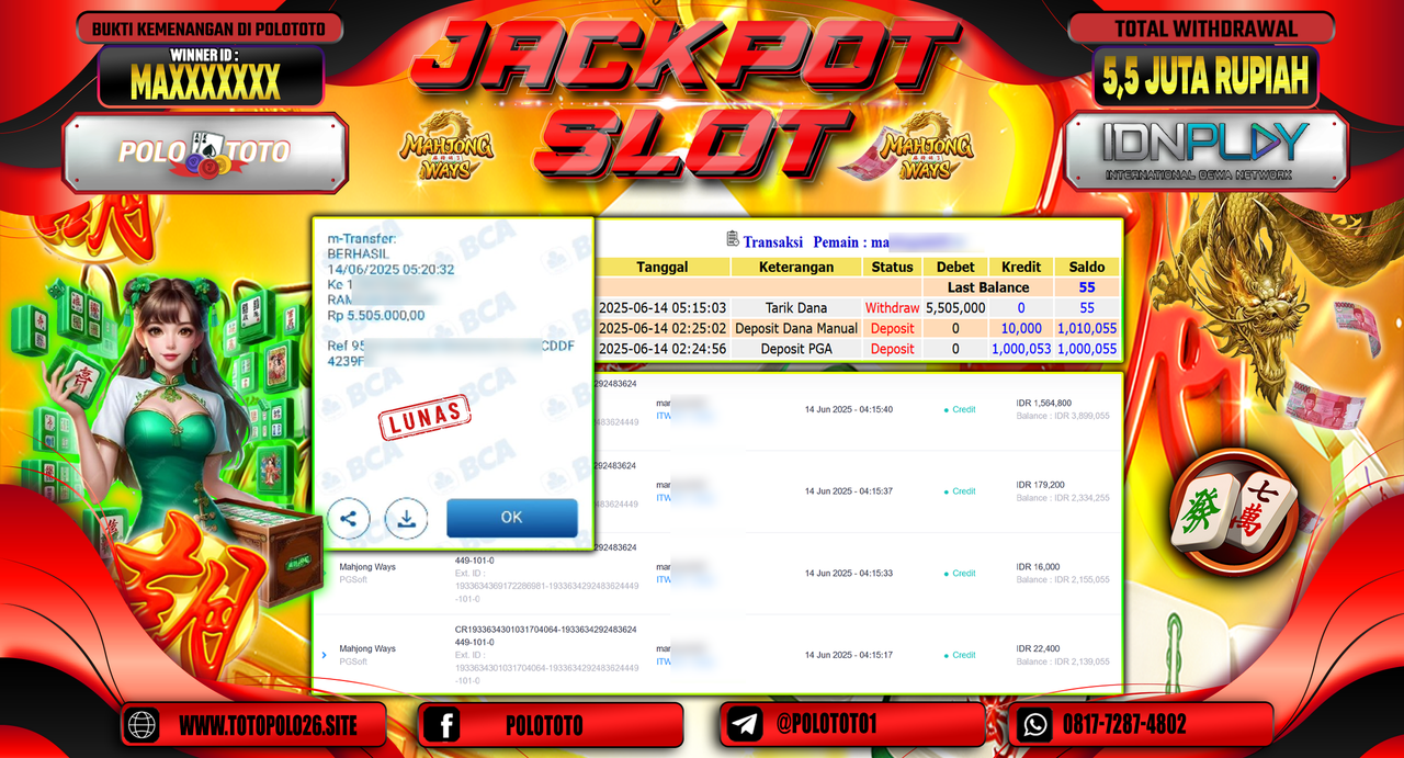POLOTOTO JACKPOT SLOT MAHJONG WAYS Rp.5.505.000,-