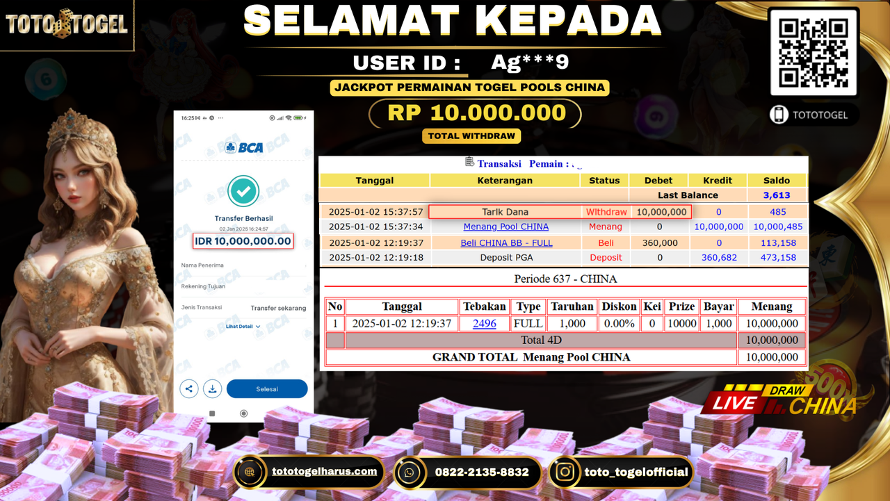 Bukti Pembayaran Jackpot  Permainan Togel Pools China  : AG***9 LUNAS