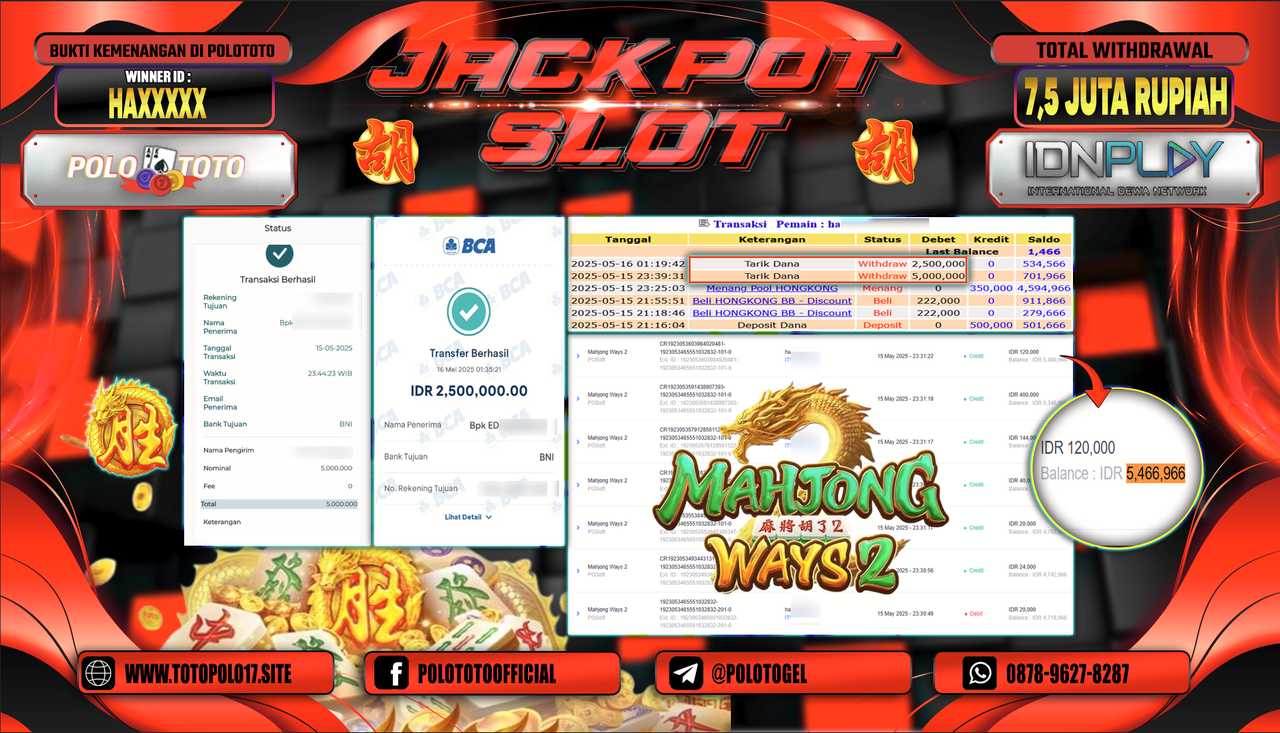 POLOTOTO JACKPOT SLOT MAHJONG WAYS 2 Rp.7.500.000,-