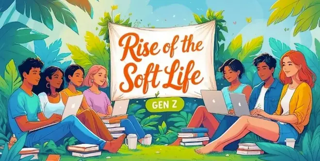 صورة توضيحية لظاهرة Soft Life، حيث تظهر مجموعة من الشباب يجلسون في حديقة خضراء بأجواء مريحة ويعملون على أجهزة الكمبيوتر المحمولة وسط أكوام من الكتب، مع لافتة مكتوب عليها Rise of the Soft Life، في مشهد يعكس التوازن بين العمل والراحة. (تم توليدها بالذكاء الإصطناعي)