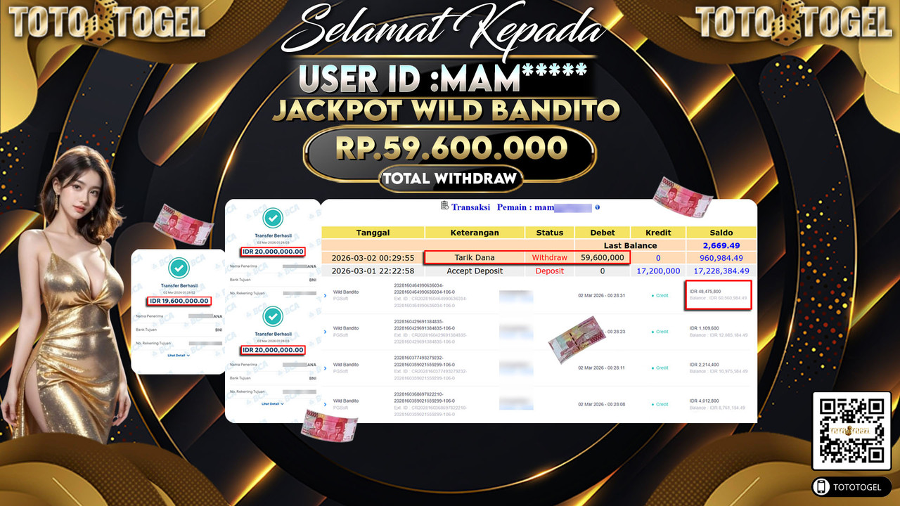 Bukti Pembayaran Jackpot Permainan Slot Wild Bandito ID:MAM*****LUNAS